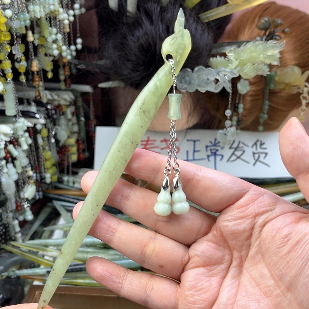 蛇纹石玉发饰未镶嵌长度19厘米左右