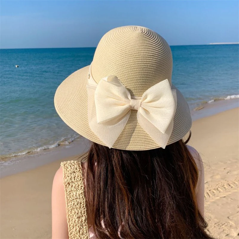 赫本风法式草帽女春夏新款大檐蝴蝶结透气户外出游防紫外线遮阳帽