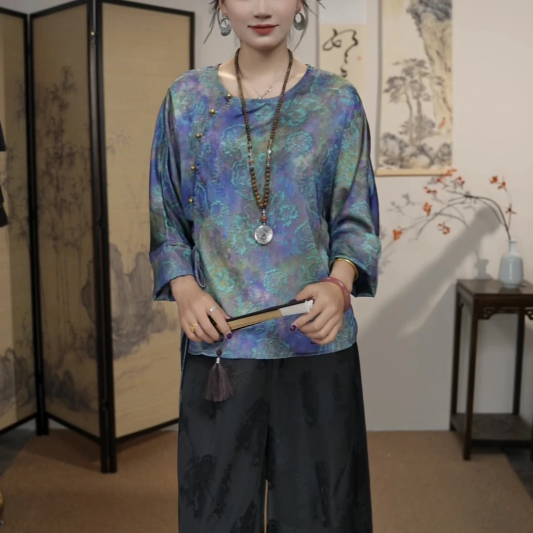 【冰羽】 长袖秋款圆领牡丹斜襟上衣宽松唐装小衫提花国风八分袖女