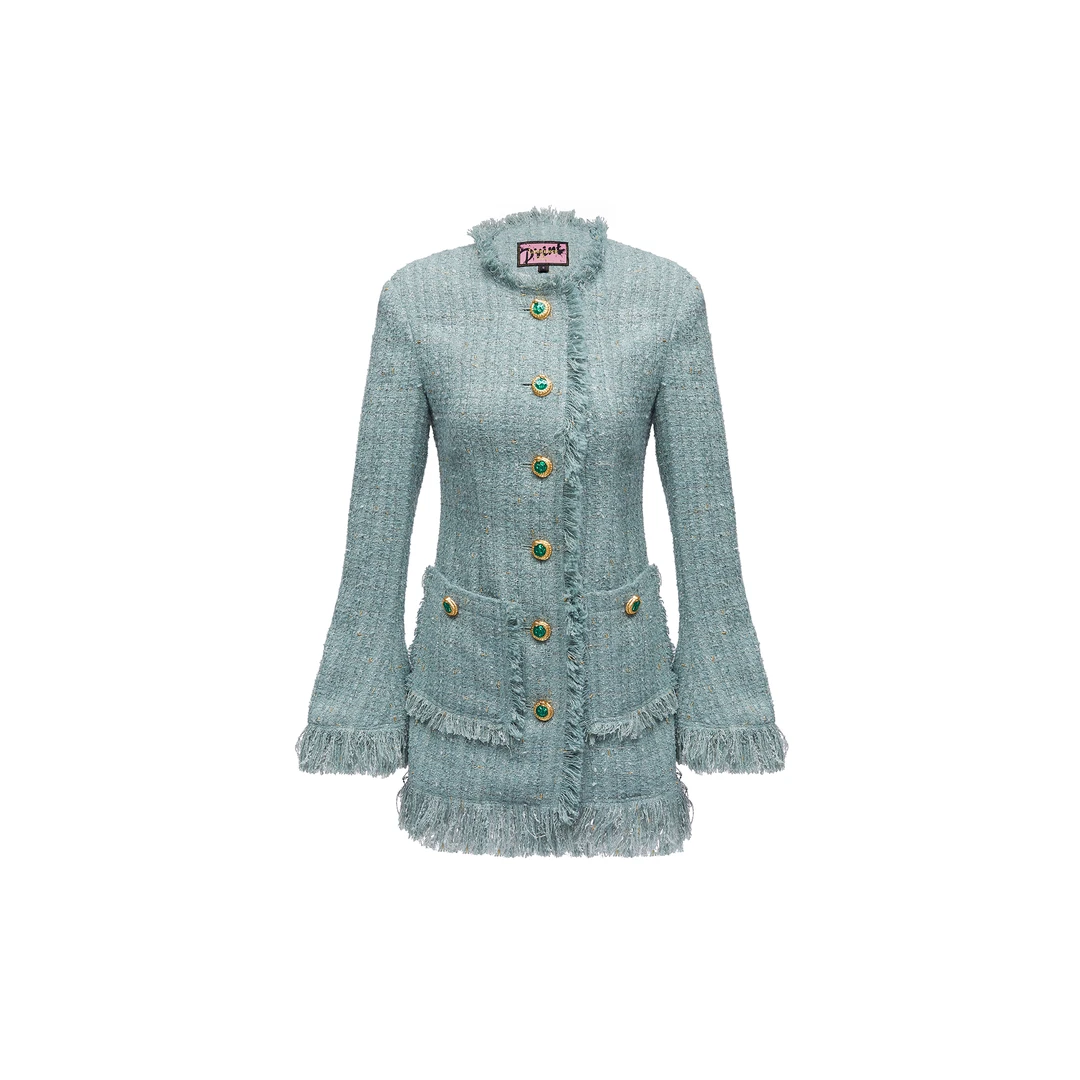 LC灵蛇扣粗花呢毛边修身外套，瓦松绿P5AX10112072