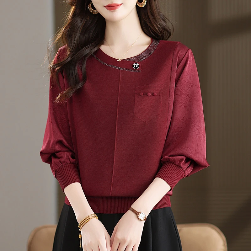 妈妈秋装2025新款红色针织衫女长袖拼接上衣春秋大码毛衣薄款气质