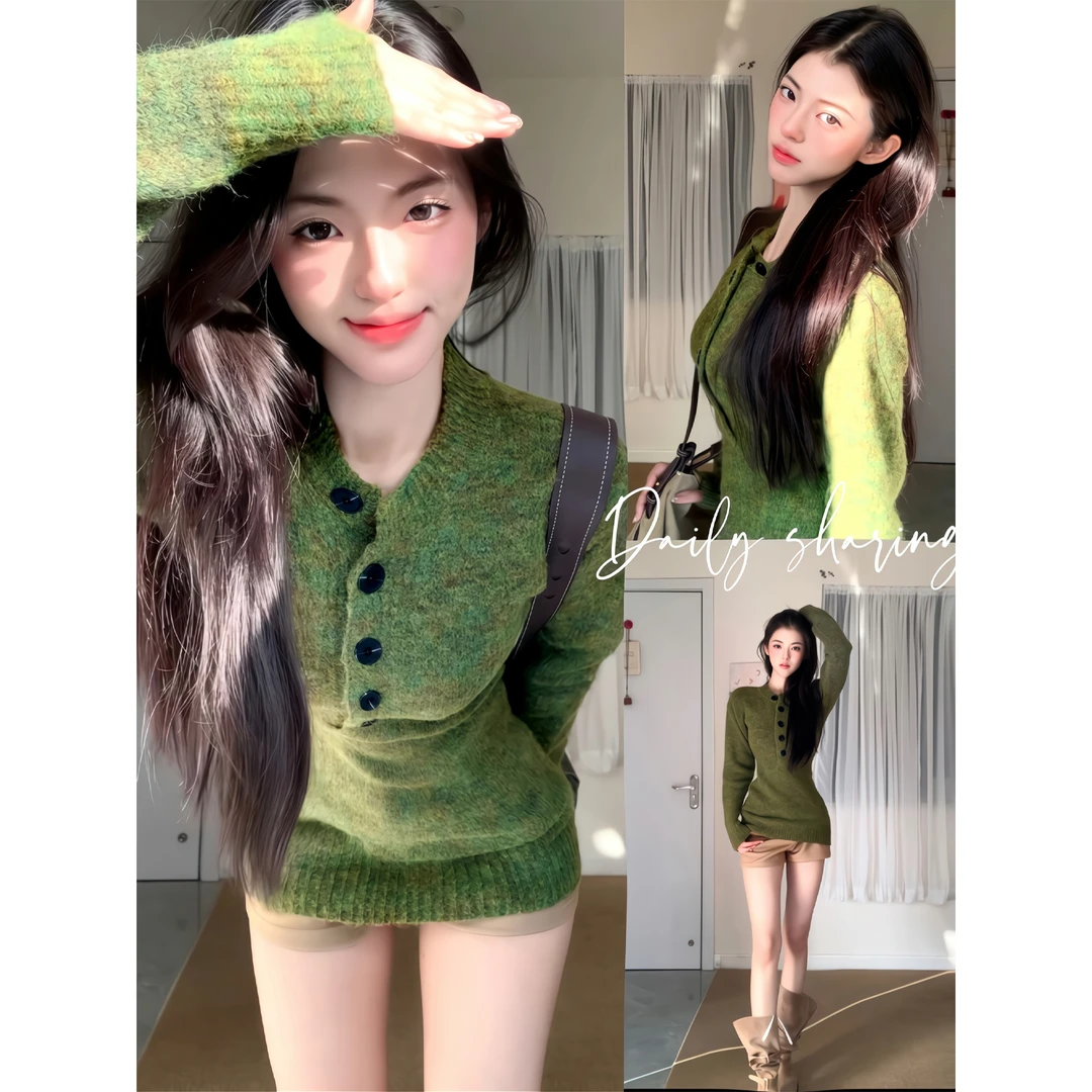 秋冬季韩系复古绿软糯针织开衫毛衣外套修身上衣辣妹短裤热裤靴裤