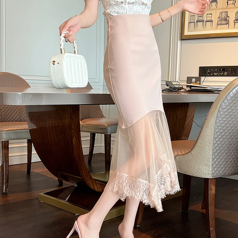 柔娜定制   优雅气质高腰修身不规则裙显瘦网纱鱼尾半身裙20399