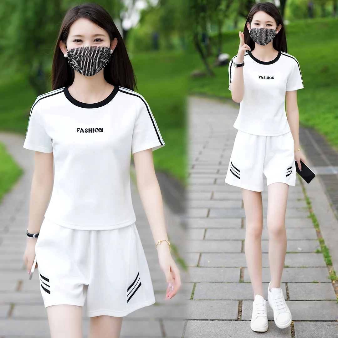 休闲运动套装女夏季2025新款小个子时尚减龄短袖短裤跑步服两件套