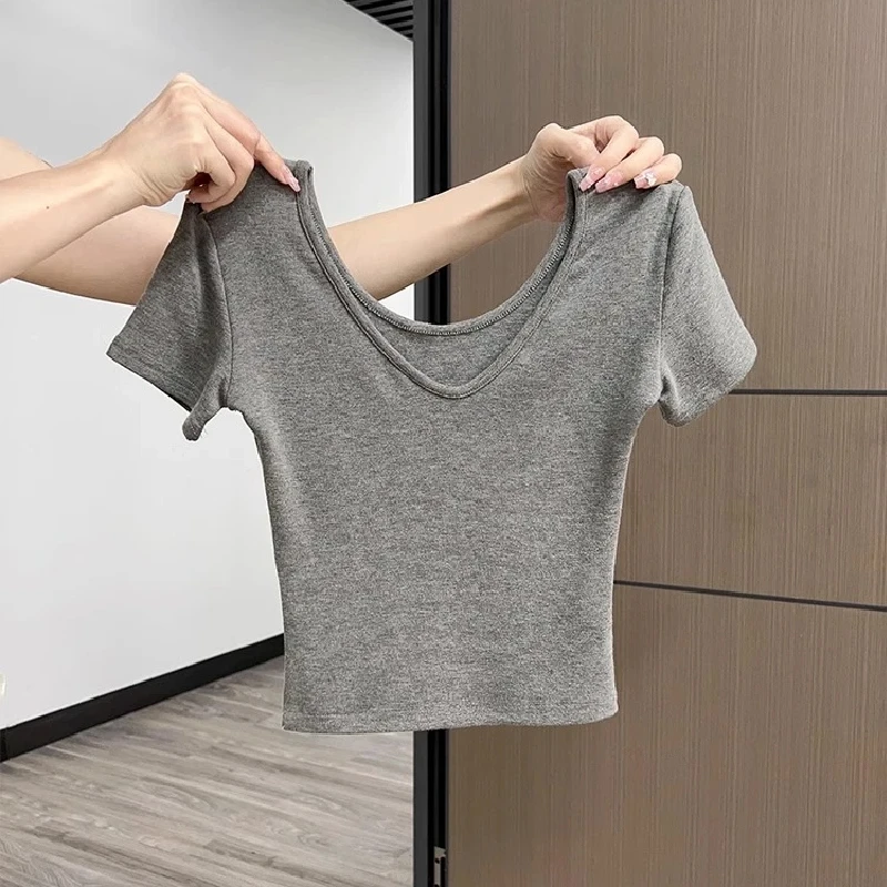 梦优莱简约休闲风V领正肩短袖T恤女夏季新款纯色百搭显瘦端款上衣