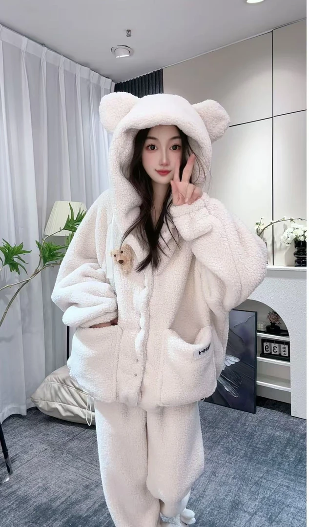 【加厚北羔绒】新款家居服睡衣连帽happy小熊北羔绒可外出睡衣套装