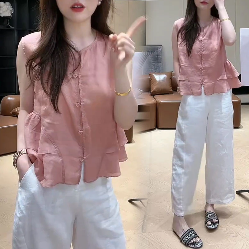 2025夏季新款圆领单排扣荷叶边无袖衬衫女士百搭气质裤子时尚套装