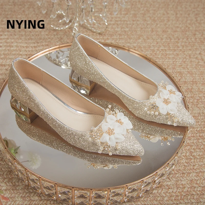 NYING高级感订婚鞋女平底新娘鞋水晶鞋秀禾婚纱两穿不累脚伴娘鞋