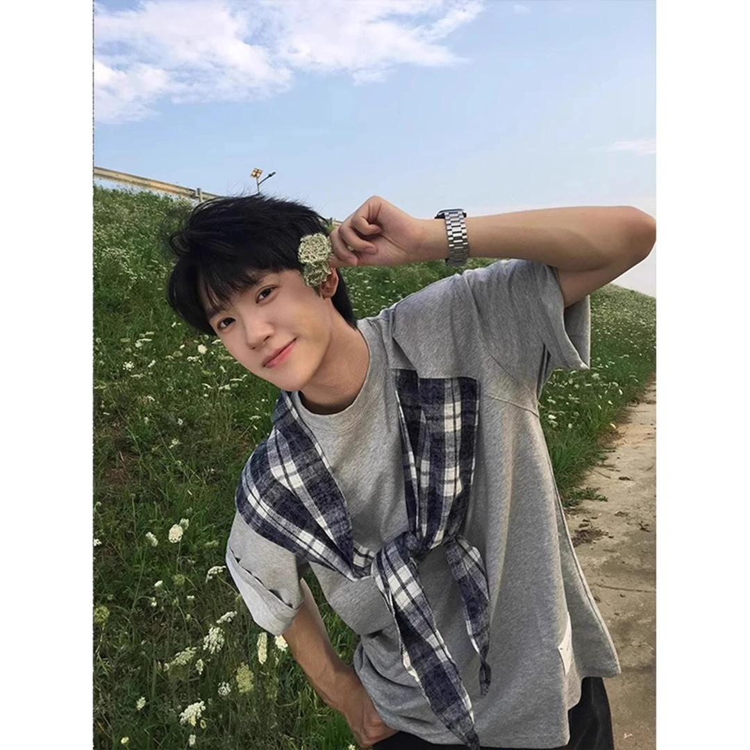 格子拼接蝴蝶结披肩短袖男夏季美式潮牌百搭半袖ins高级感痞帅t恤