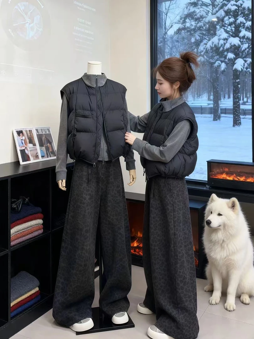 加绒加厚豹纹印花休闲裤女2025秋冬季新款高腰宽松显瘦阔腿裤潮