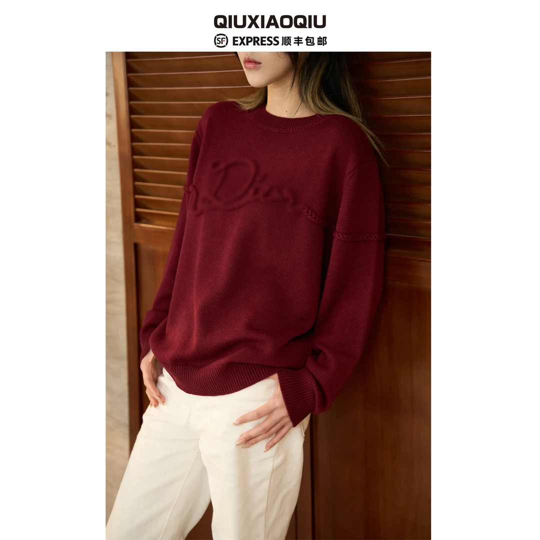 【QIUXIAOQIU】CD秋冬新款手工编织cd字母刺绣圆领针织羊毛毛衣男女