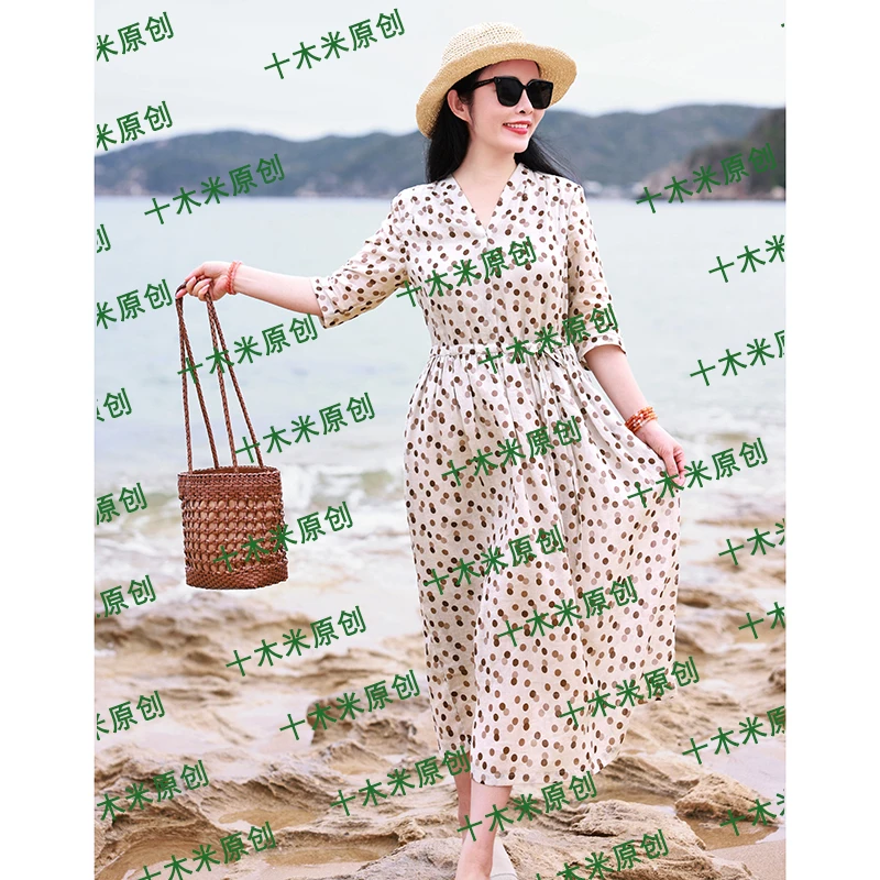 本草纲目/十木米原创夏季新款苎麻波点印花文艺气质双层连衣裙