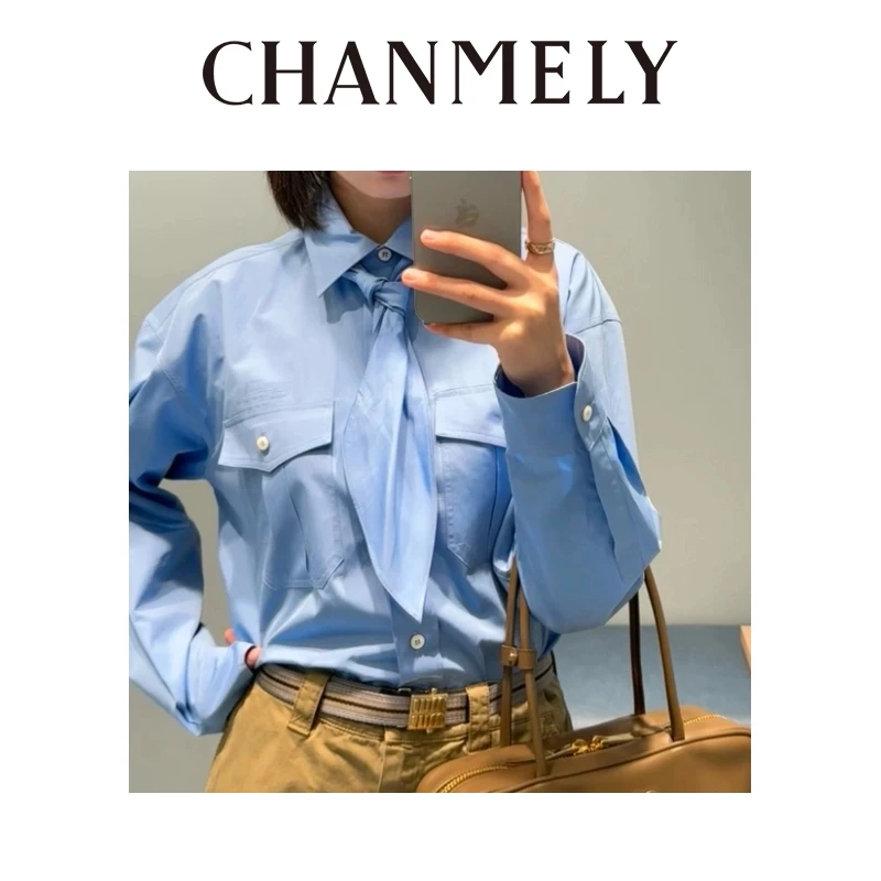 【CHANMITY】25/ss复古文艺学院风减龄系带阔版显瘦长袖衬衫 025283