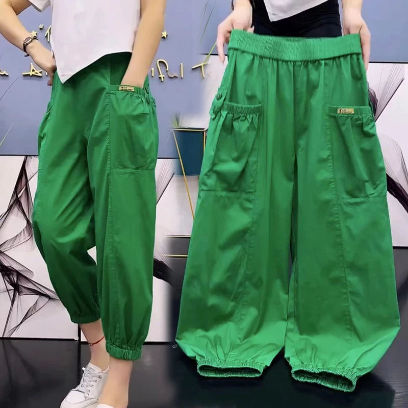 欧货夏季薄款灯笼裤女高腰宽松显瘦休闲红色八分裤通勤哈伦萝卜裤