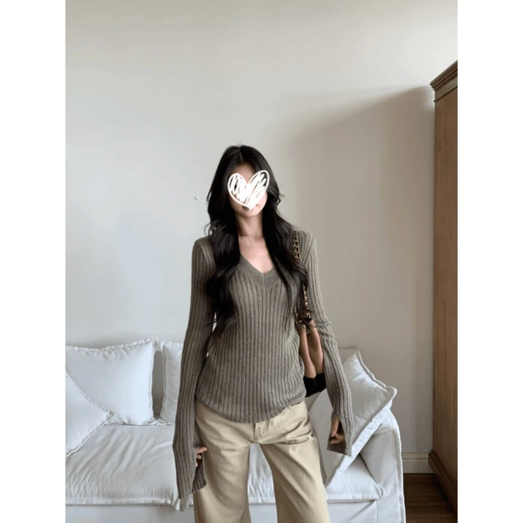 布列塔尼 V领辣妹收腰显瘦长袖针织上衣女22307#