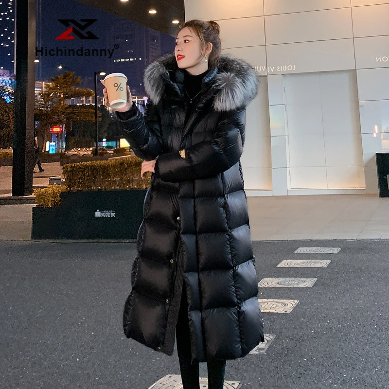 HICHIN黑金白鹅绒羽绒服女冬季大毛领长款东北加厚防寒保暖羽绒衣