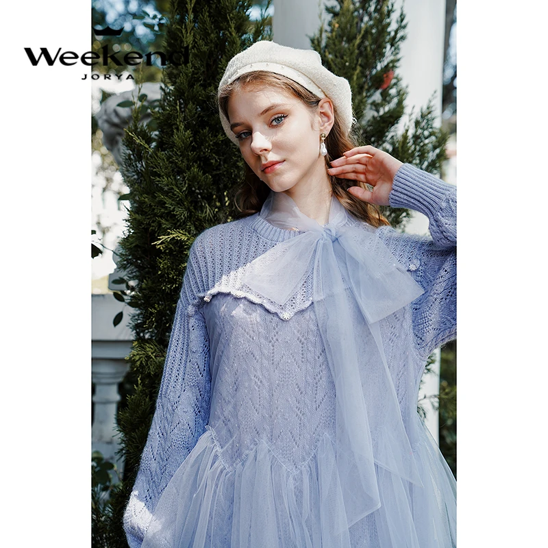 卓雅周末新款甜美浪漫系带蝴蝶结白色拼接加厚网纱连衣裙EJWCDQ11