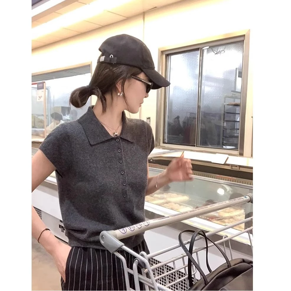 2025新款简约圆领短袖毛针织衫女夏季薄款百搭修身显瘦休闲上衣