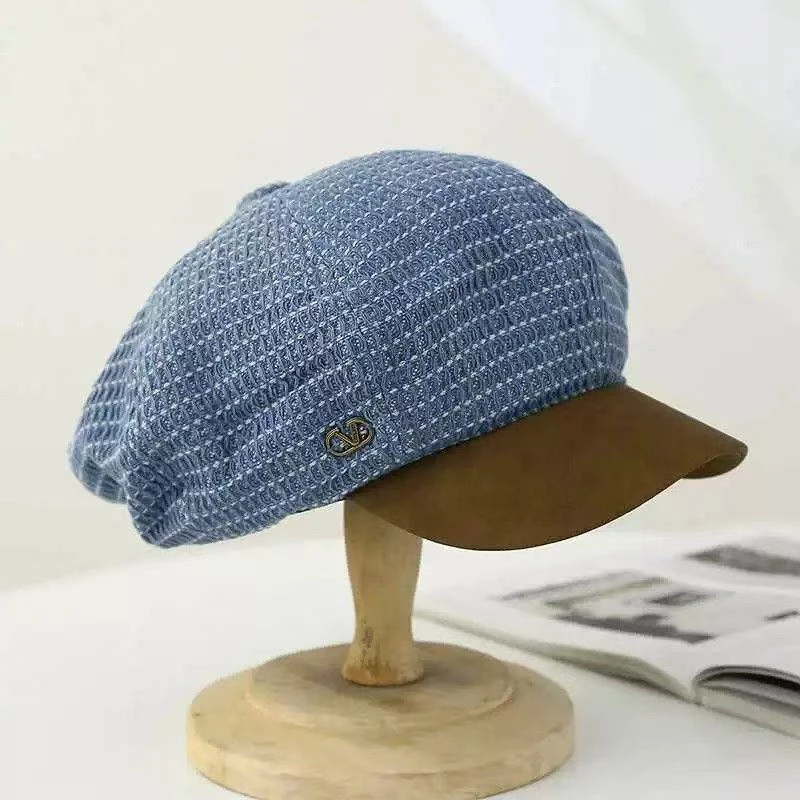 韩系蓝色格子牛仔皮檐贝雷帽女春秋季百搭八角帽大头围显脸小帽子