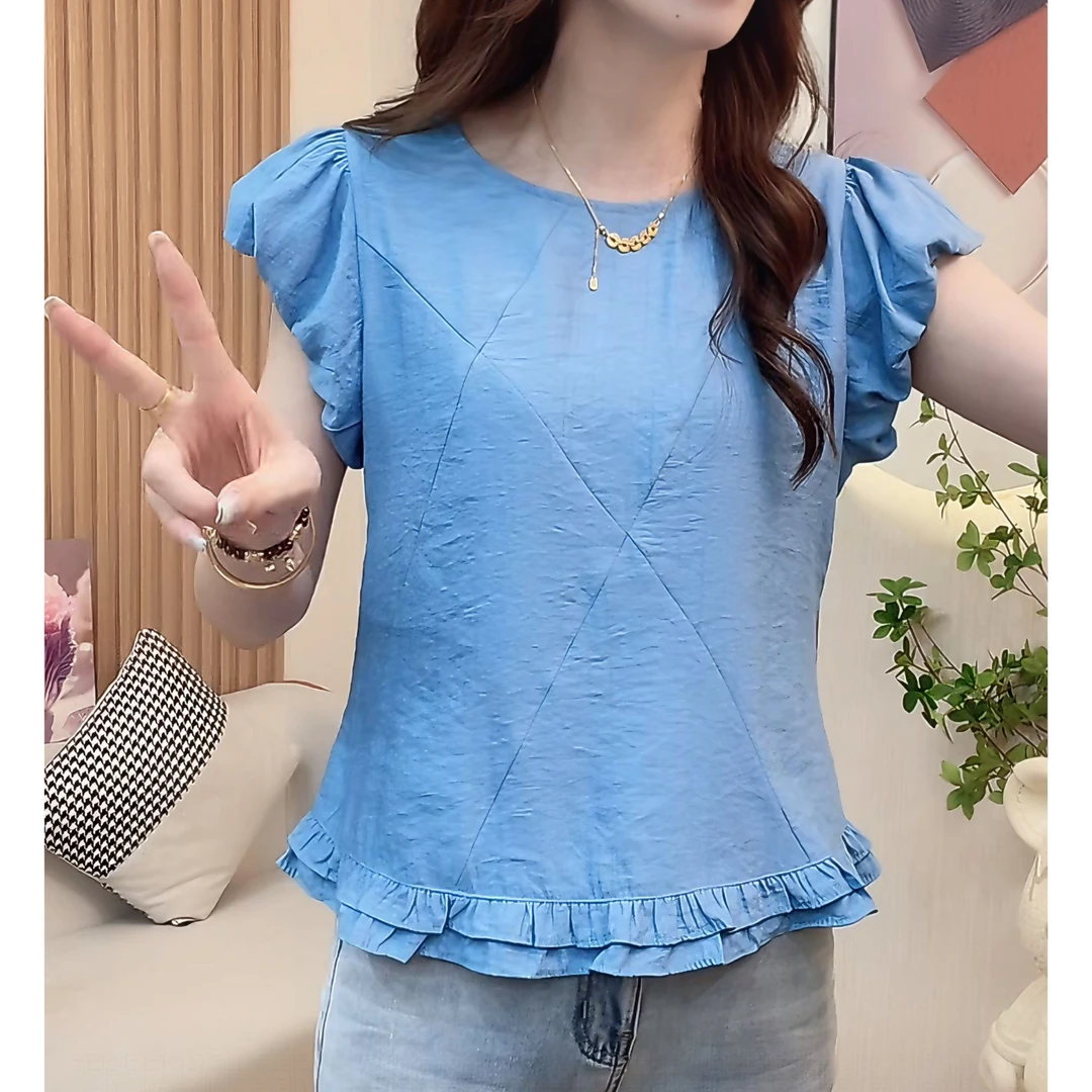法式气质简约独特漂亮上衣时尚精致设计感下摆荷叶边短袖衬衫女潮