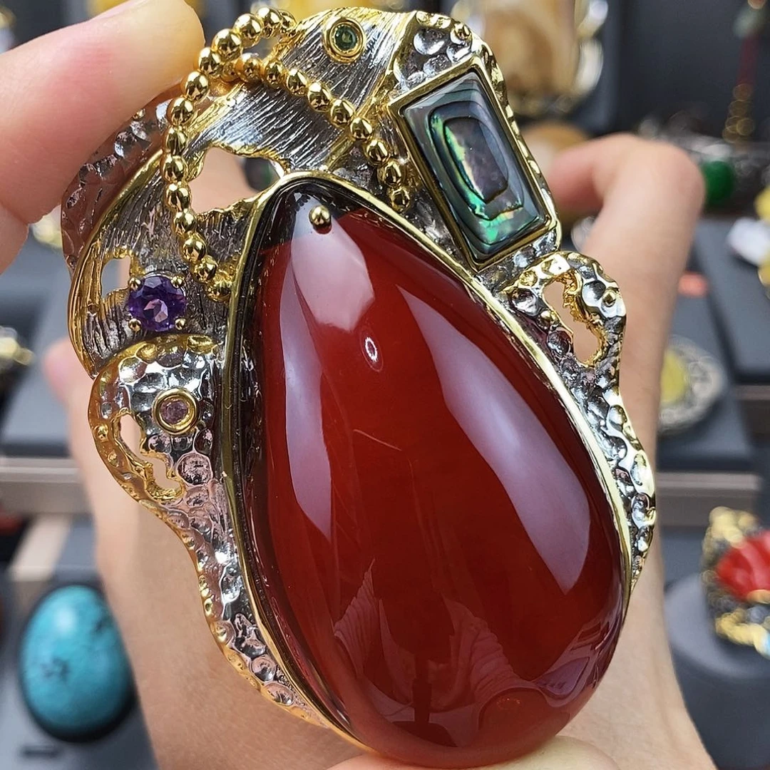 琥珀银S925镶嵌颈饰吊坠