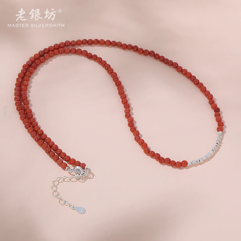 【老银坊】s925银不规则碎银南红链项链 品质珠宝 0021537