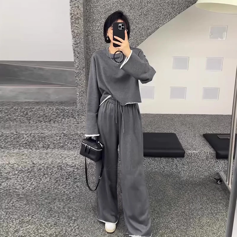 入秋穿搭一整套松弛感穿搭慵懒时髦深灰色卷边卫衣阔腿裤两件套女