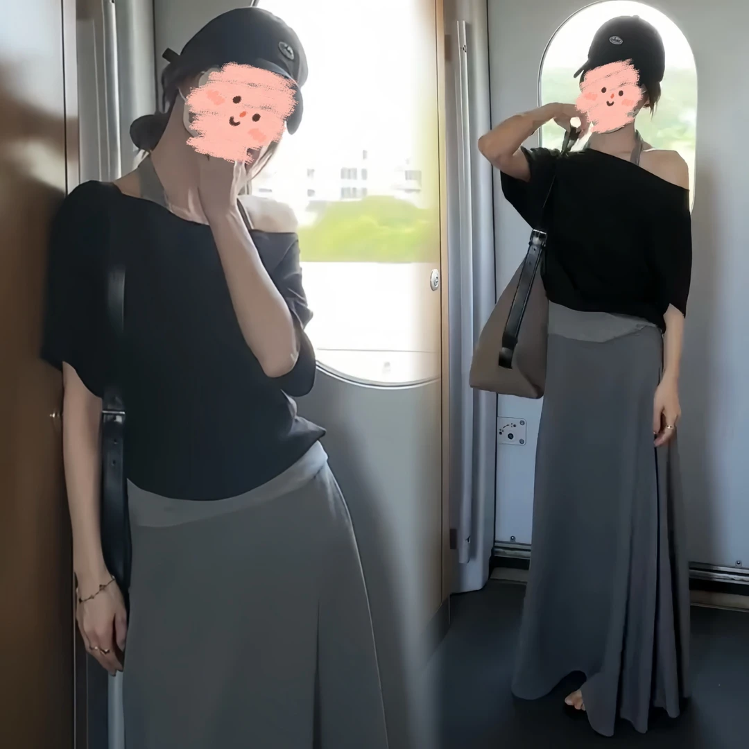 2025夏季新款穿搭复古设计感假两件斜肩挂脖短袖加半身裙百搭显瘦