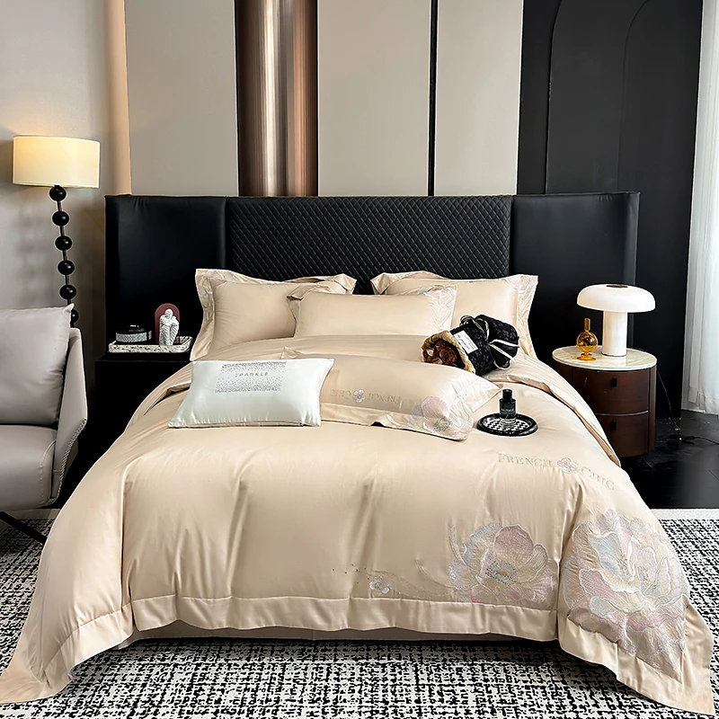 轻奢全棉长绒棉精梳工艺重工刺绣宽边四件套礼盒包装--黛尔