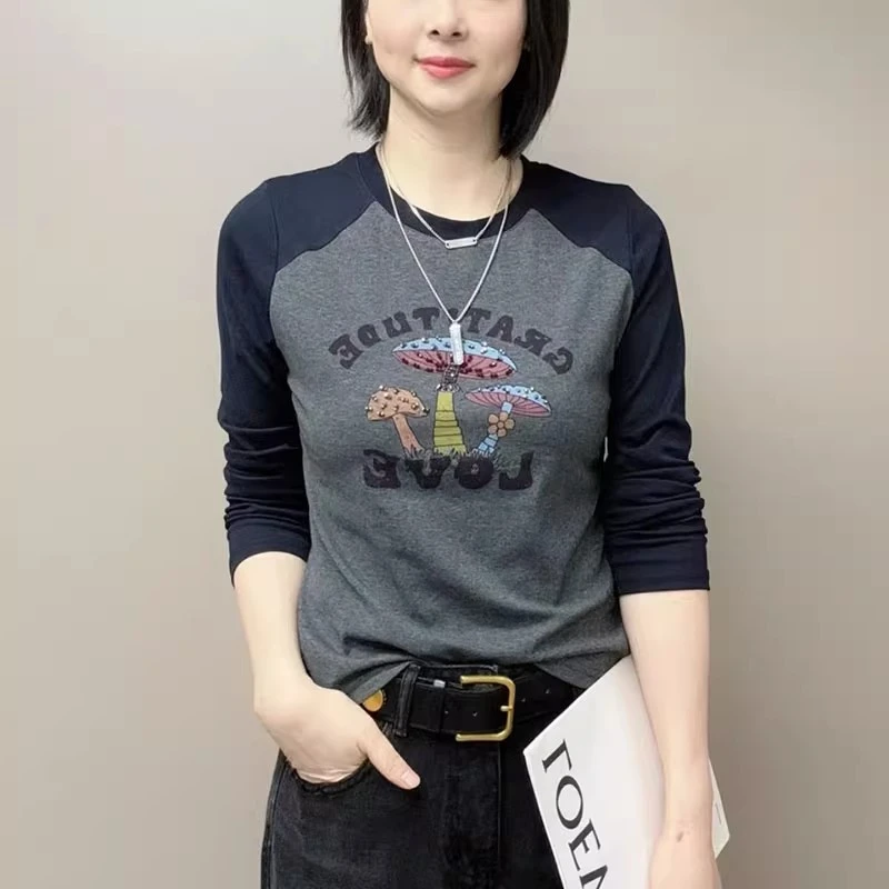 拼色插肩袖长袖T恤女2025秋季新款韩版时尚印花洋气百搭打底上衣