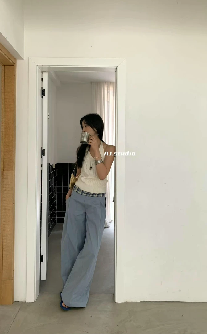 AJ（1aj95053#）格子拼接腰头直筒休闲裤 2-23