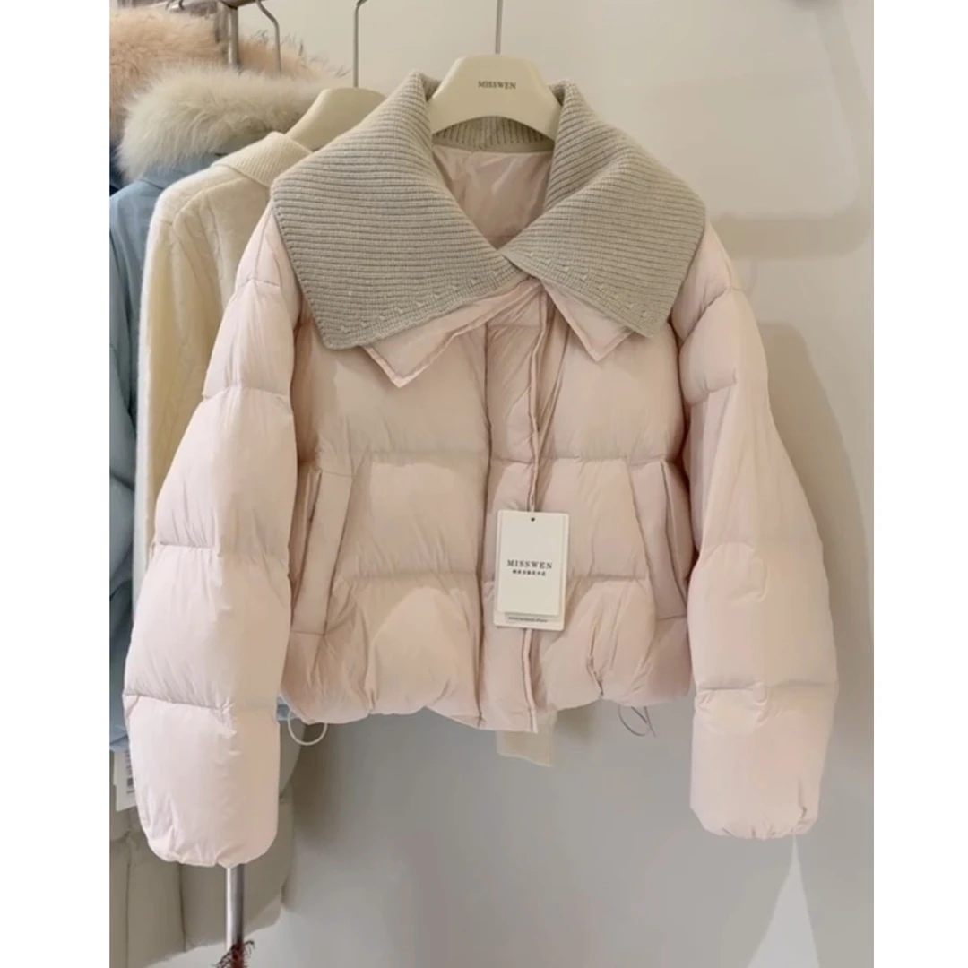 针织拼接双层翻领棉服女短款2026冬季新款巨好看宽松加厚棉衣外套