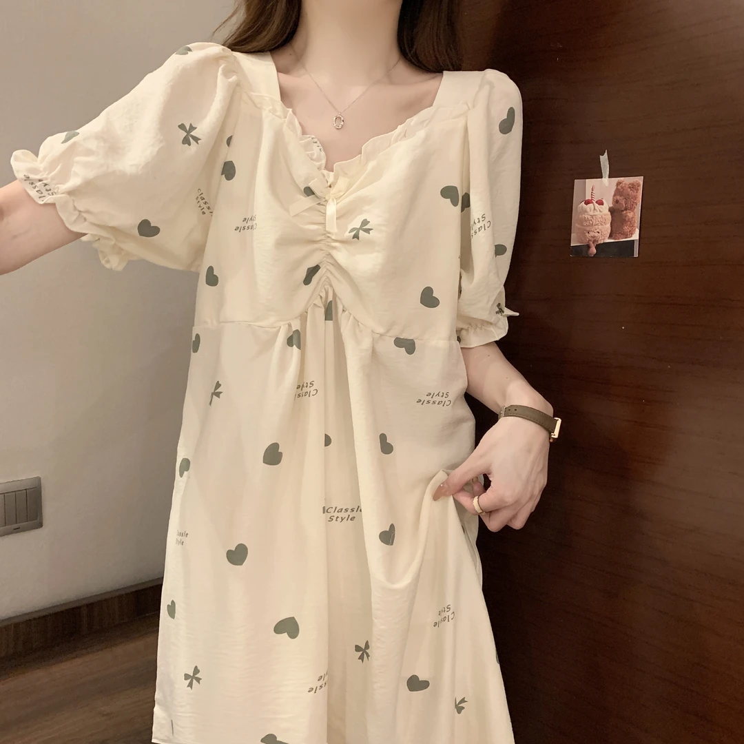 带胸垫睡裙夏季女款高级感短袖云朵纯棉家居服甜美宽松睡衣连衣裙