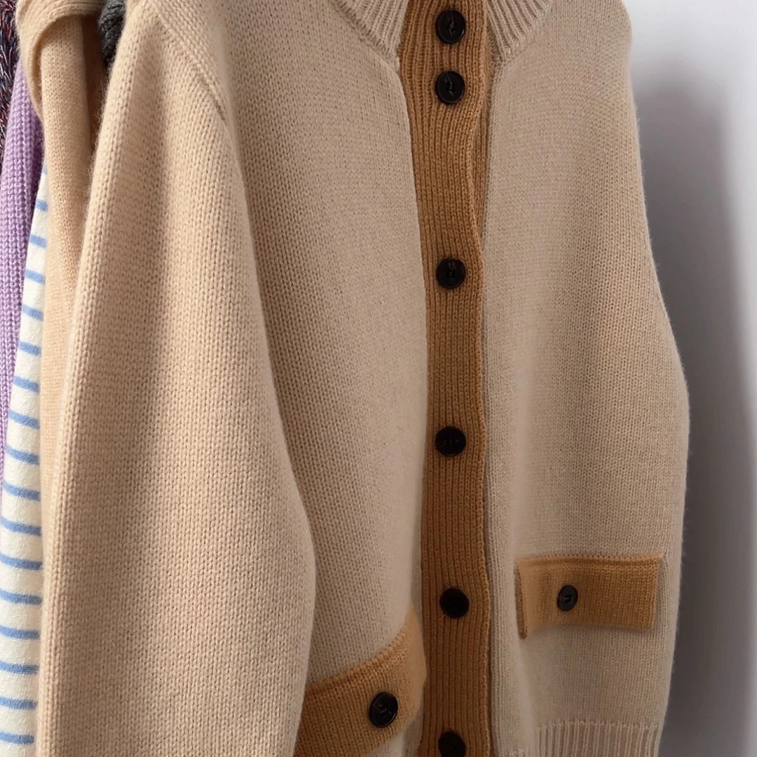 圆领 拼色 羊绒 开衫