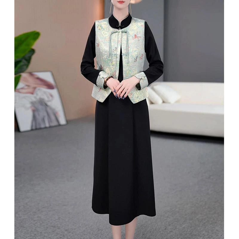 DBF-25A111 新款两件套新中式轻奢复古气质收腰连衣裙M-5XL