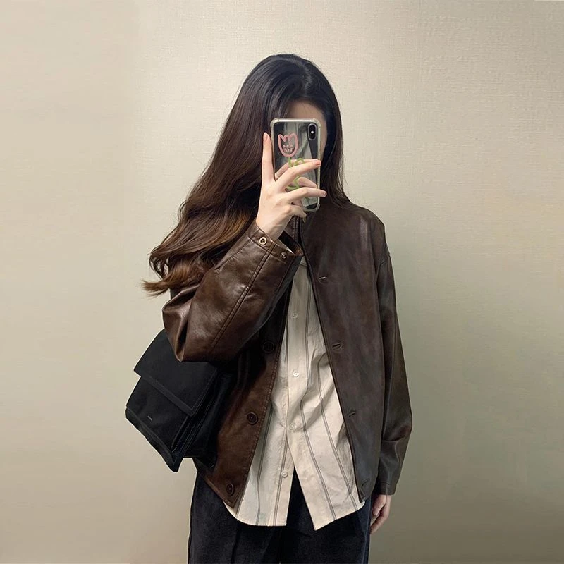 棕色皮衣外套女2025新款春秋爆款高级感小个子酷飒风宽松皮夹克