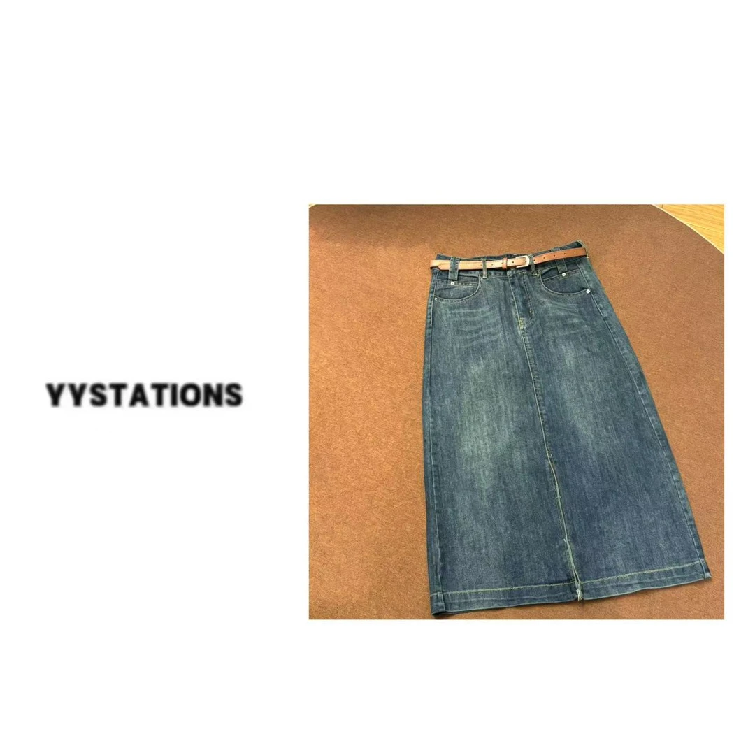 YYSTITIONS 【开叉半裙！】高腰牛仔半身裙女长款a字开叉包臀裙-8968