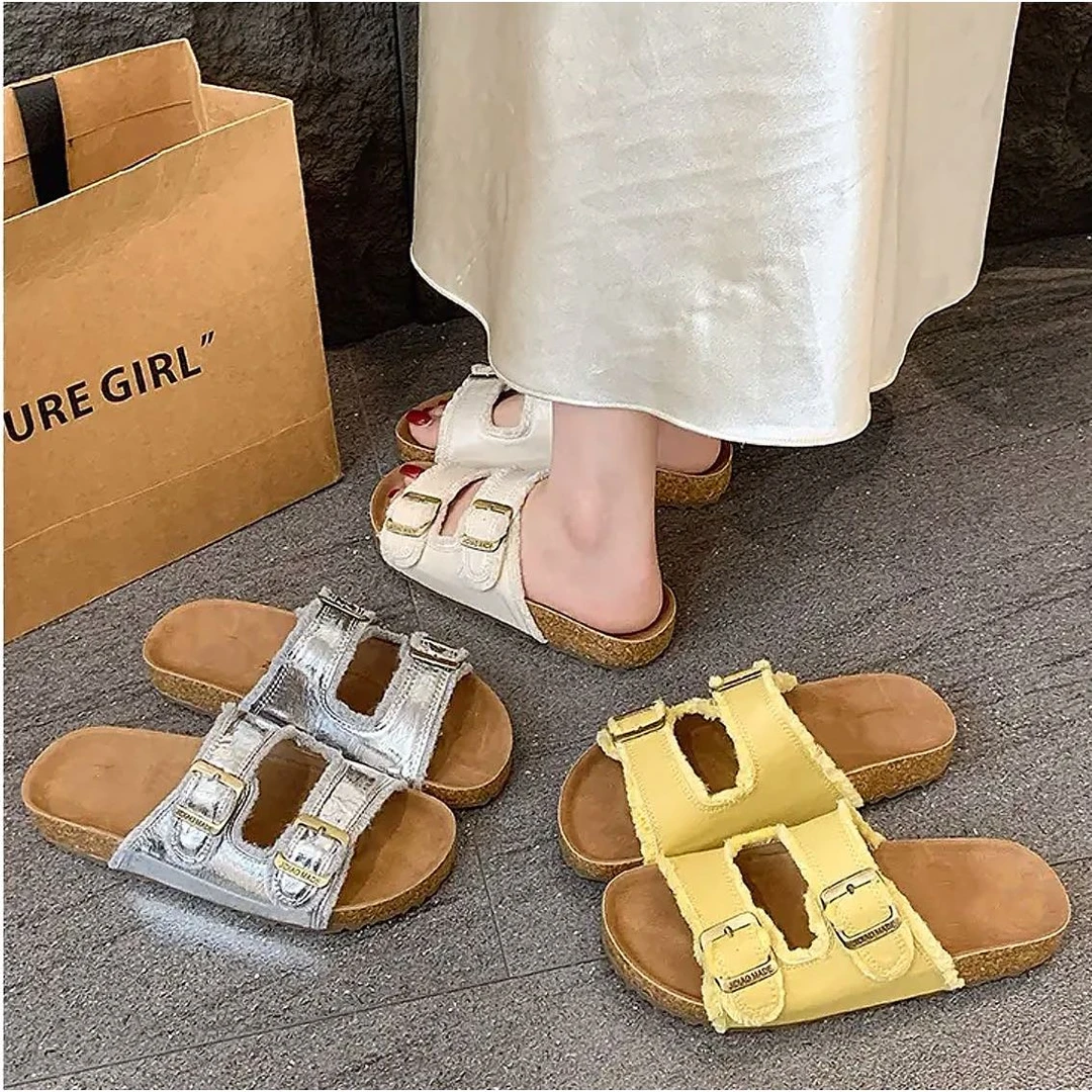 新款毛边皮带扣二字带休闲百搭博肯拖鞋A886