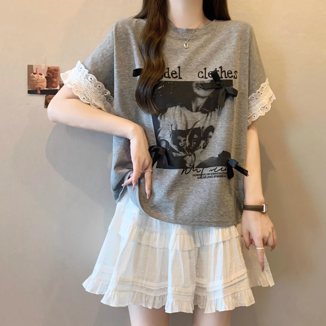 蕾丝拼接蝴蝶结纯棉短袖t恤女夏季大码200斤胖mm宽松遮肚减龄上衣