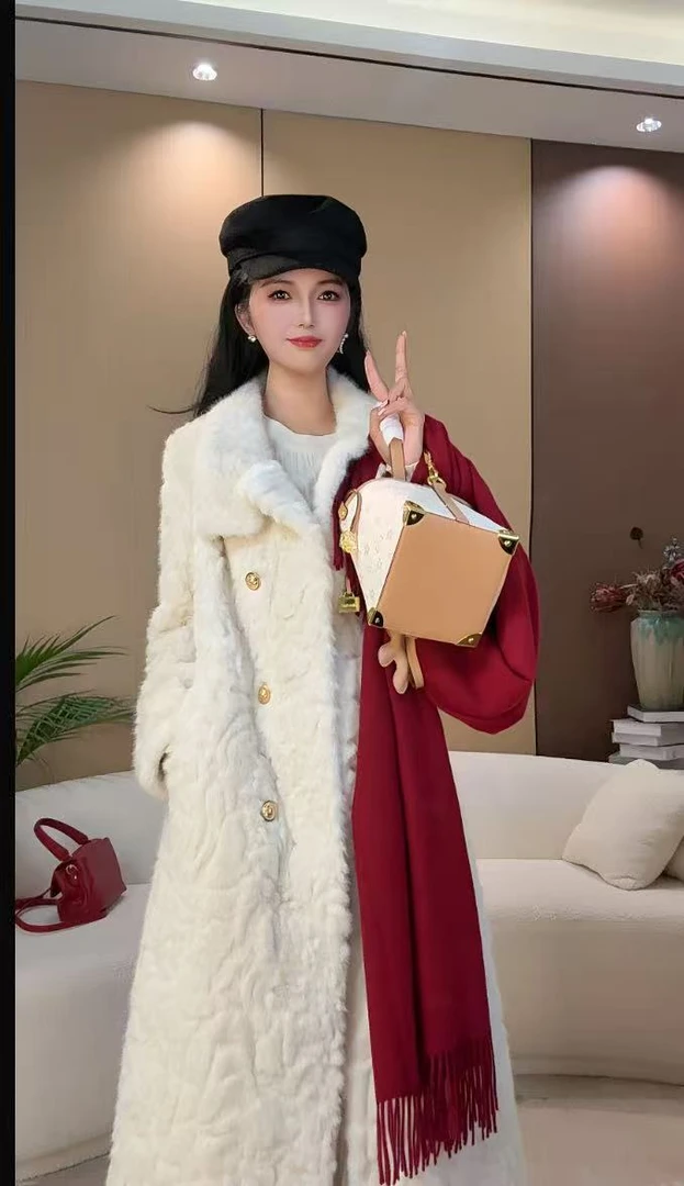 秋冬新款小立领加厚长款时尚环保毛毛外套千金感大衣