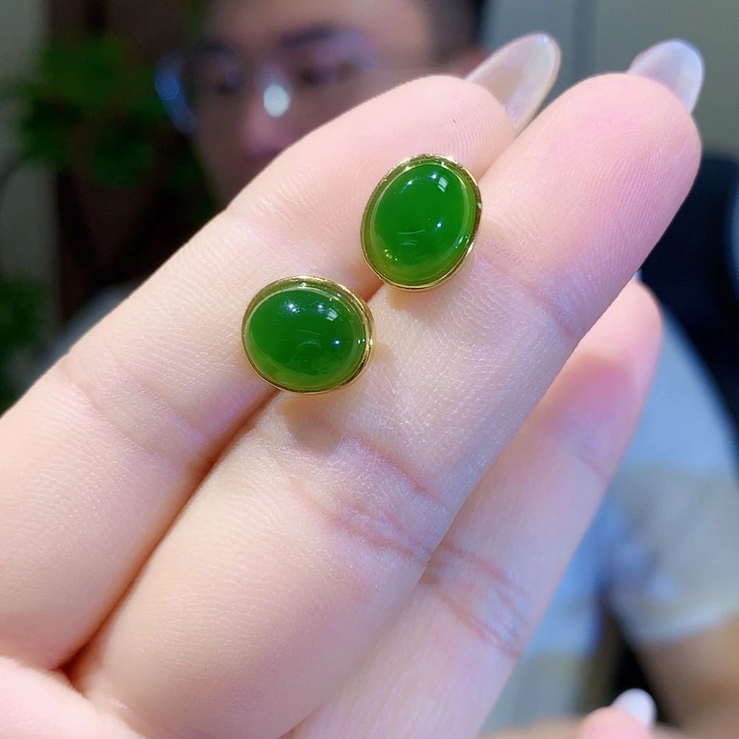 银S925镀金镶嵌和田玉（碧玉）耳饰