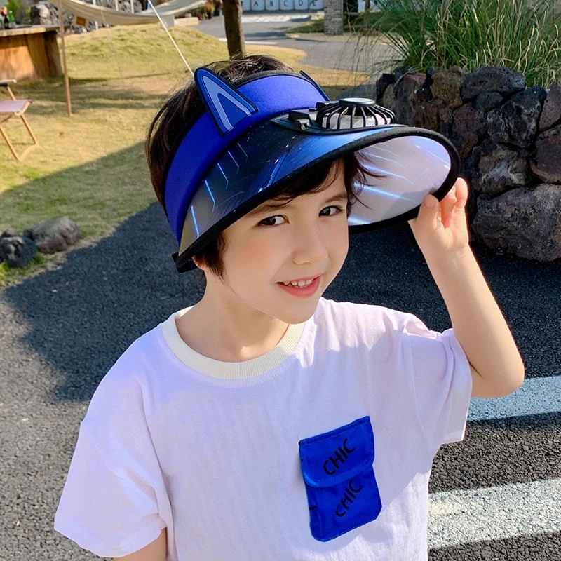 儿童防晒帽男孩夏季遮阳帽带电风扇的帽子男童女童大檐空顶太阳帽
