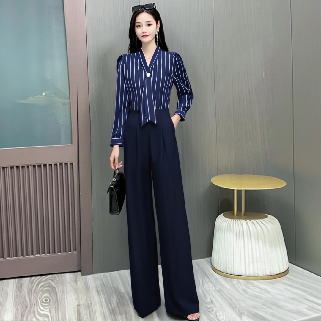A【两件套】通勤显瘦套装女2025新款条纹衬衫阔腿西装裤两件套D3456