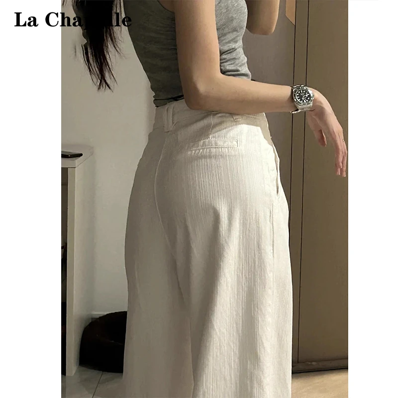 拉夏贝尔欧若风白色高腰阔腿牛仔裤女2025春季新款垂感褶皱拖地裤