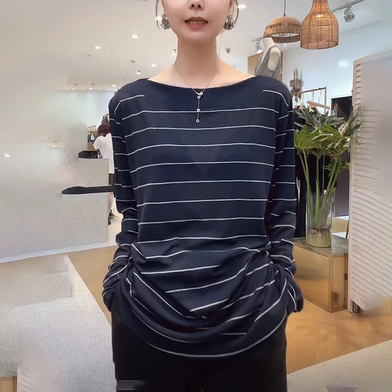 2025秋季新款女条纹长袖T恤时尚减龄宽松遮肉显瘦斜肩一字肩上衣