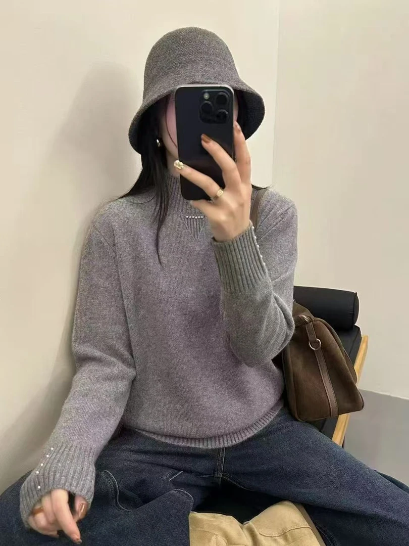 女人帮纯色长袖加厚针织套头毛衫半高领休闲网红百搭宽松