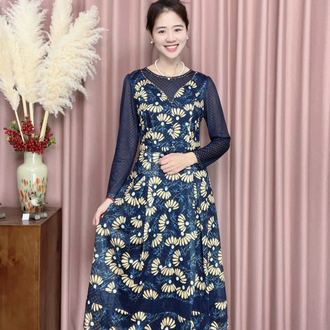 1086#长袖优雅气质显瘦时尚长袖印花中长裙妈妈装连衣裙