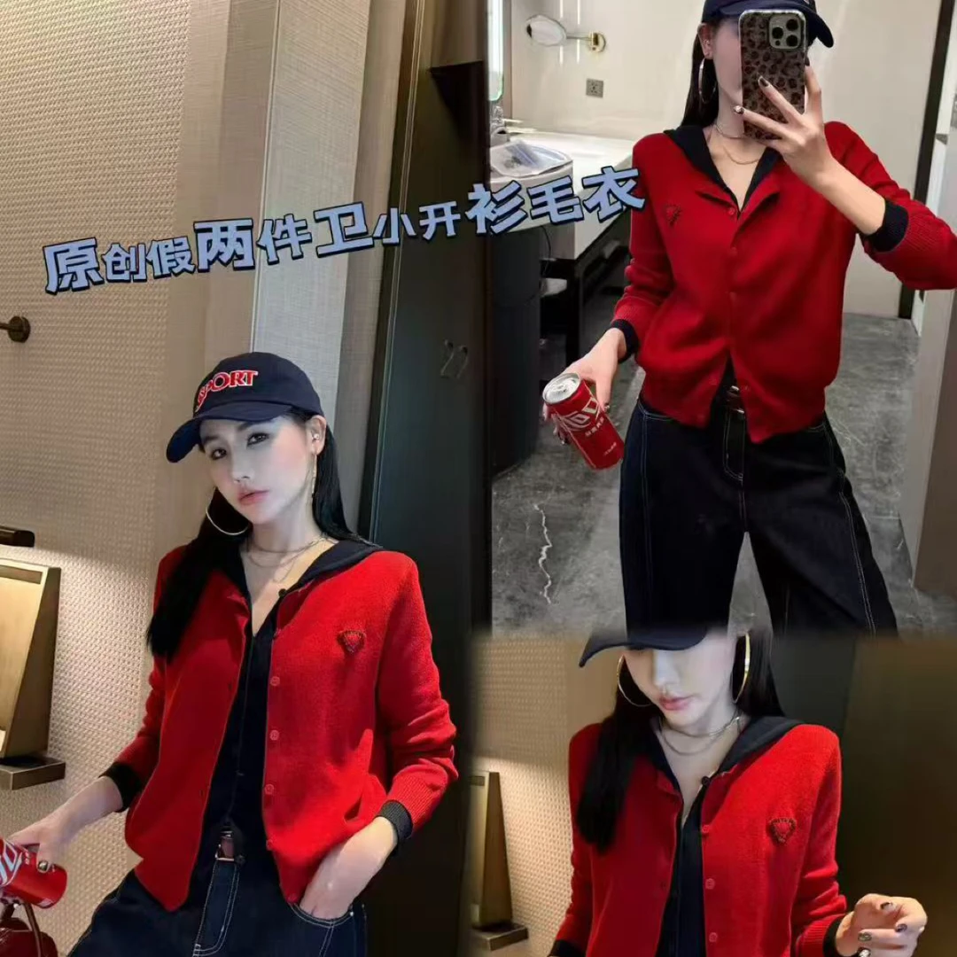 秋季连帽冬季落肩袖针织毛针织衫短款开衫假两件百搭