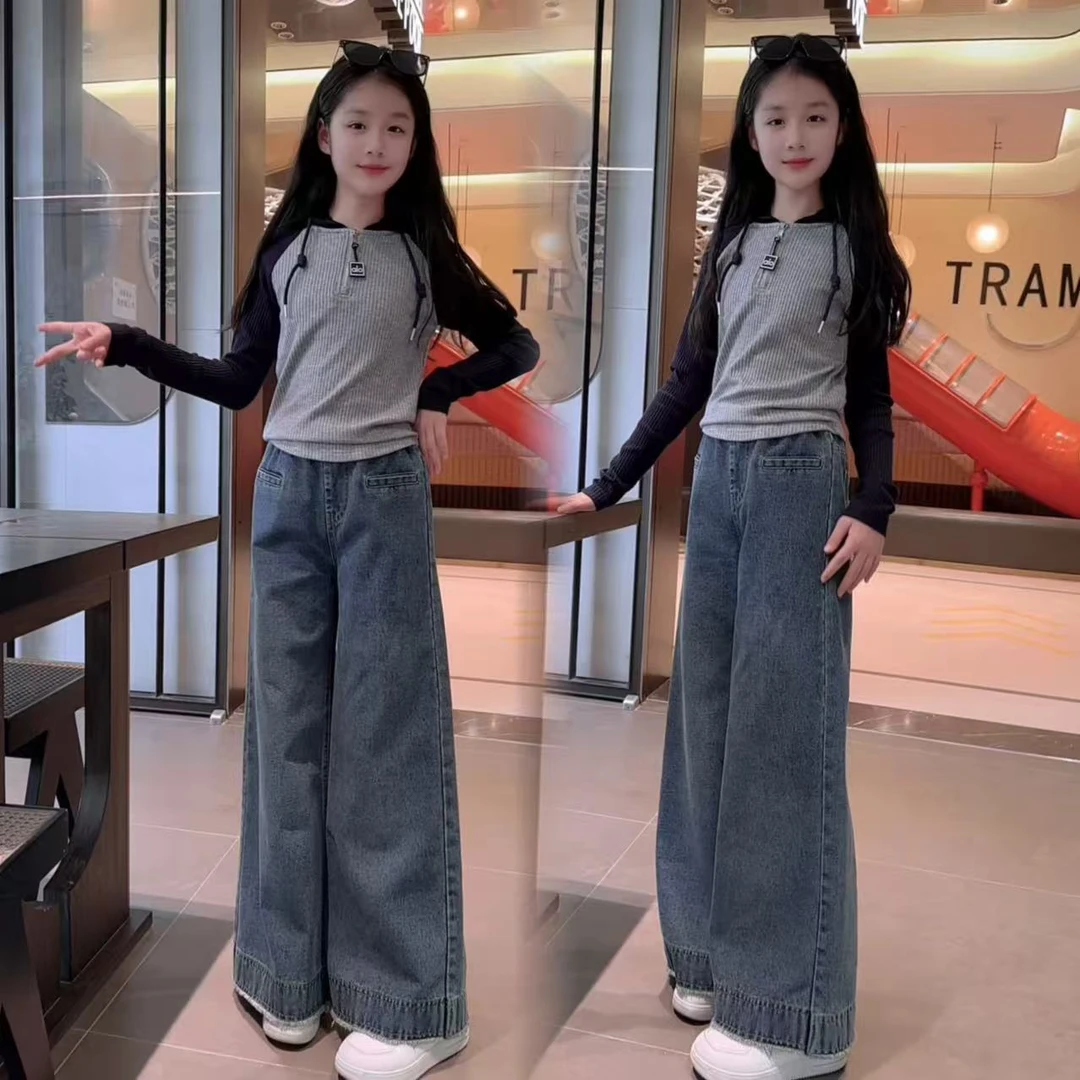 女童套装2025秋季新款百搭帽衫时尚牛仔阔腿裤两件套装中大童衣服