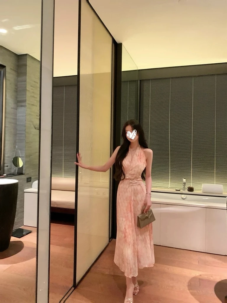 粉色玫瑰~气质度假风扭结交叉绑带修身连衣裙Q132